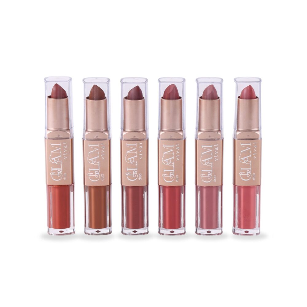 Batom Duo Glam Vivai com batom líquido matte de alta cobertura e gloss brilhante em um só produto