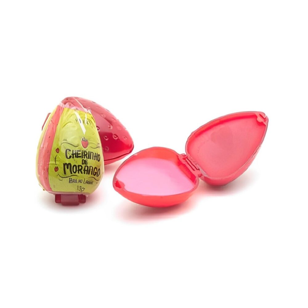 Brilho labial Cheirinho de Moranguinho Vivai em embalagem divertida de morango, com aroma doce, hidratação e brilho radiante para os lábios