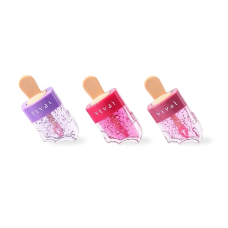 Gloss labial Sorvetinho Vivai com embalagem em formato de picolé, brilho intenso e fórmula hidratante