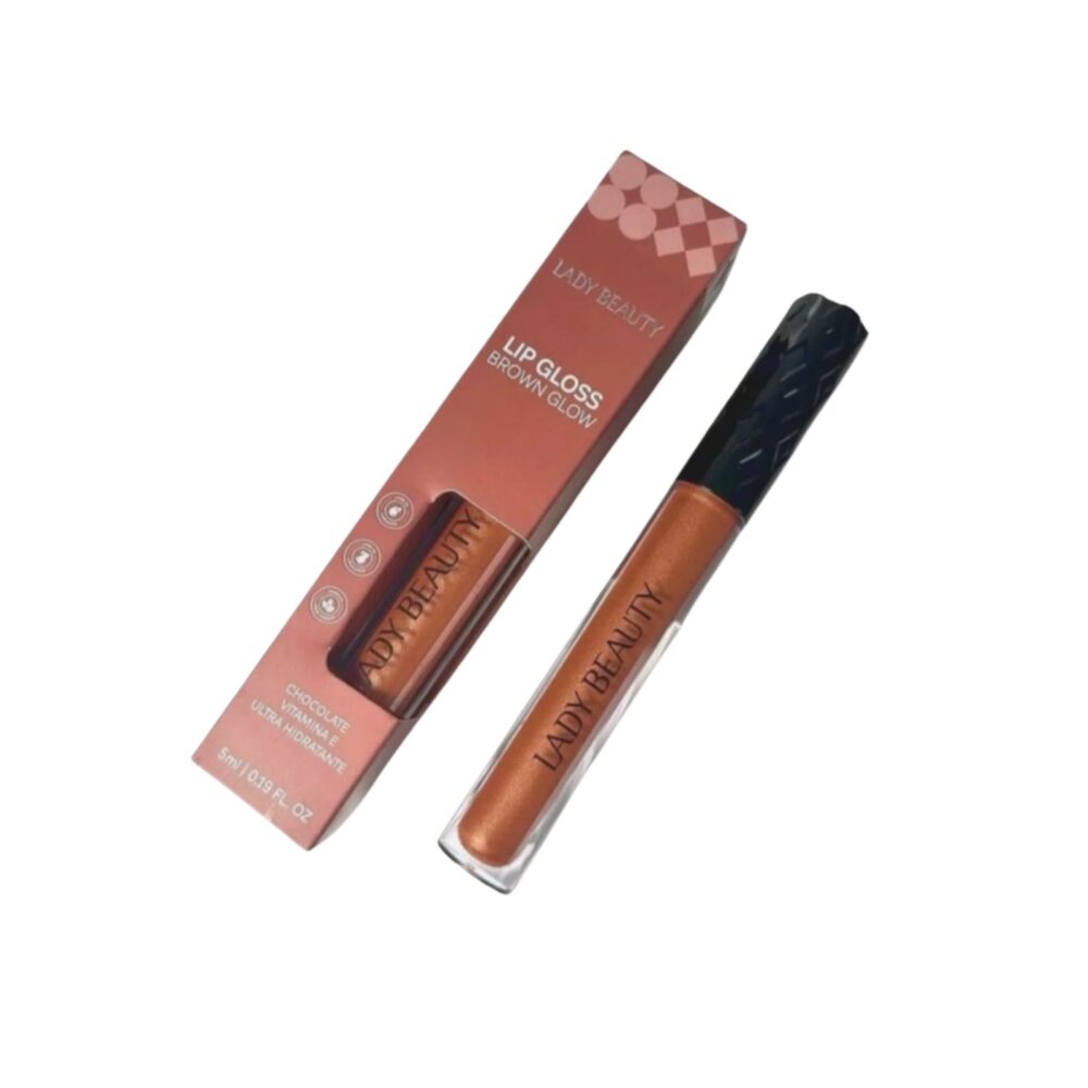 Lip gloss Brown Glow Lady Beauty 5ml cor marrom chocolate com brilho intenso, fórmula leve e vegana que hidrata e realça os lábios com acabamento luminoso