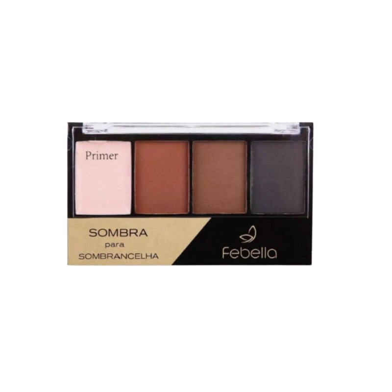 Quarteto de sombra para sobrancelha Febella com 3 tons opacos e primer fixador, ideal para preencher, definir e realçar o olhar