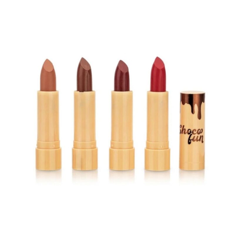 Batom bala Soft Matte Choco Fun Fenzza 3,8g com acabamento matte confortável, alta pigmentação, aroma de chocolate e fórmula com óleo de rícino que hidrata e protege os lábios