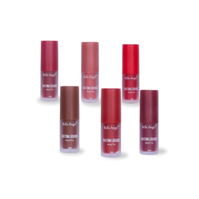 Batom líquido matte Belle Angel 4ml com alta pigmentação, acabamento fosco aveludado e longa duração, disponível em várias cores que vão do nude ao vermelho intenso