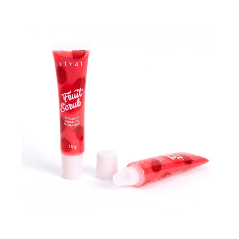 Esfoliante labial Fruit Scrub Vivai 15g com partículas naturais e aroma frutado que remove células mortas, hidrata e deixa os lábios macios e renovados