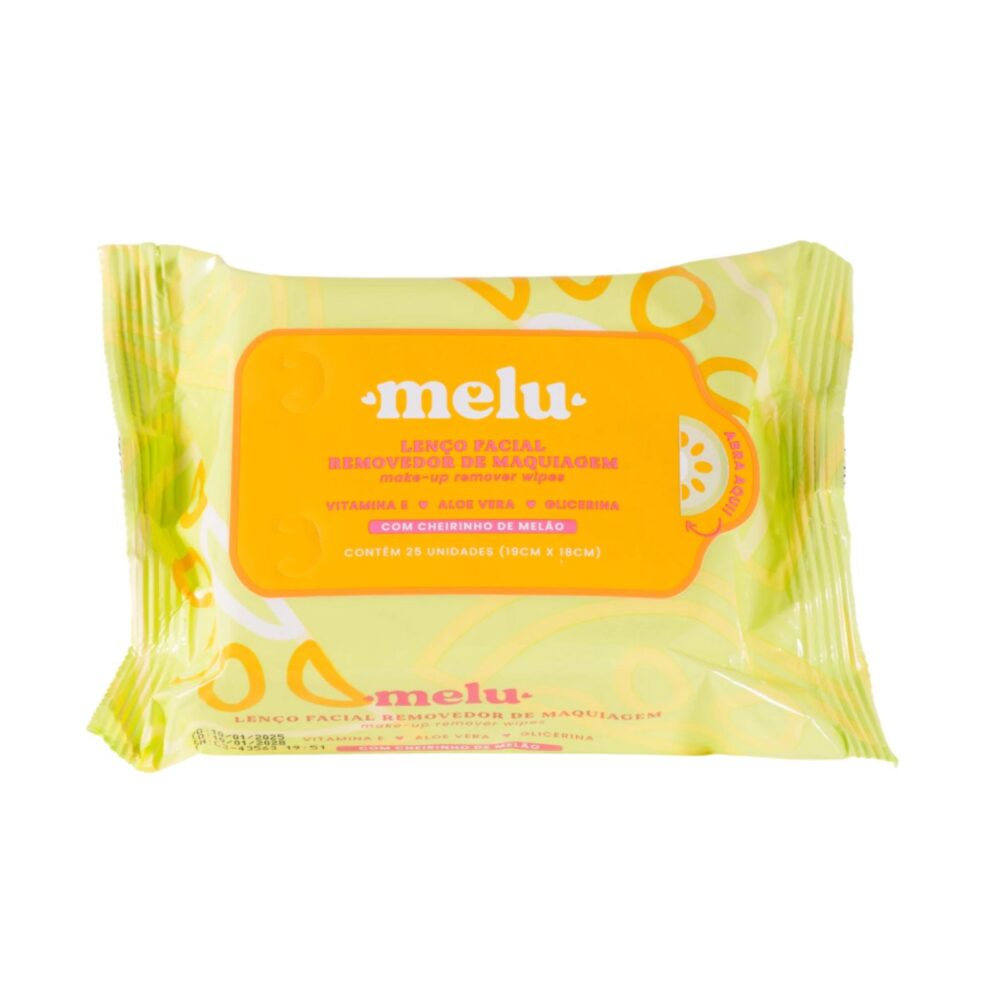 Lenço removedor de maquiagem Melu Ruby Rose com aloe vera, vitamina E e glicerina que limpa profundamente, hidrata e preserva a elasticidade da pele