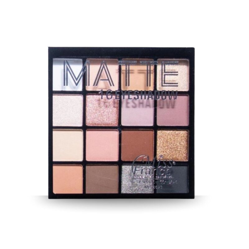 Paleta de sombras Miss France 16 cores matte e glow com alta pigmentação, textura fácil de esfumar e acabamento versátil para looks básicos ou ousados