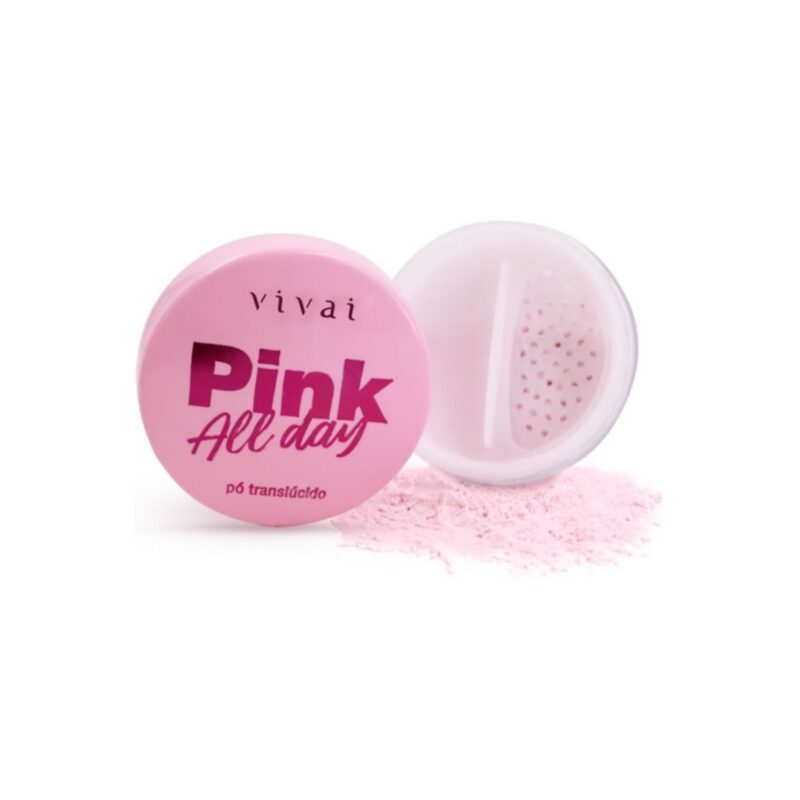 Pó translúcido Pink All Day Vivai 13g com textura ultrafina, acabamento matte e aveludado que controla a oleosidade, fixa a maquiagem e se adapta a todos os tons de pele