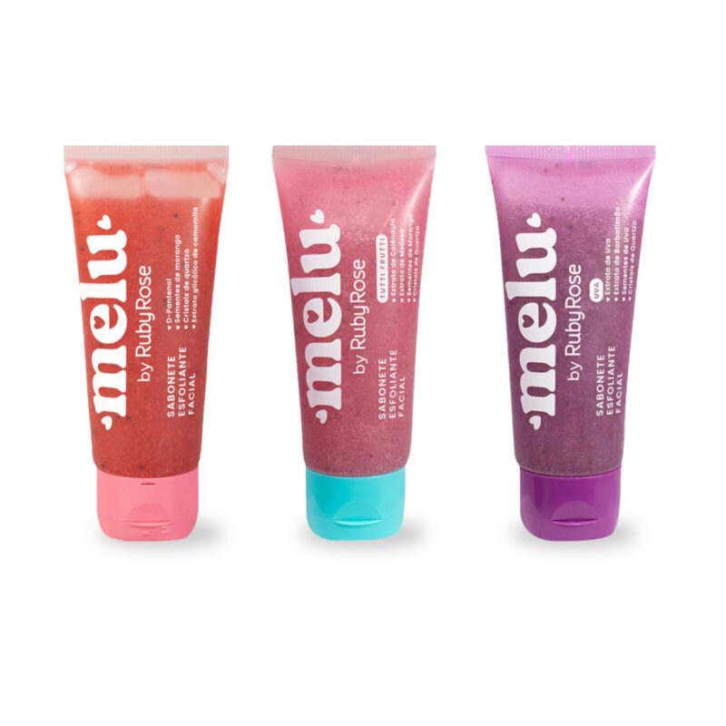 Sabonete esfoliante facial Melu Ruby Rose 75g com sementes de morango, cristais de quartzo, D-Pantenol e extrato de camomila que promove limpeza profunda, remove células mortas e deixa a pele macia e renovada