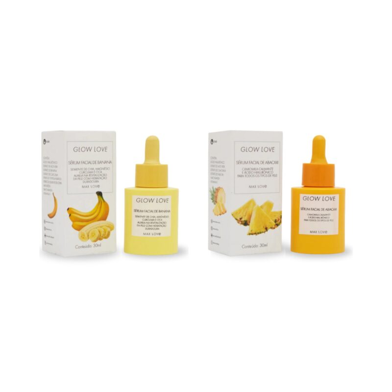 Serum facial Glow Love Max Love nas versões Abacaxi e Banana 30ml com ácido hialurônico, extratos naturais e vitaminas que hidratam, iluminam, revitalizam e deixam a pele radiante