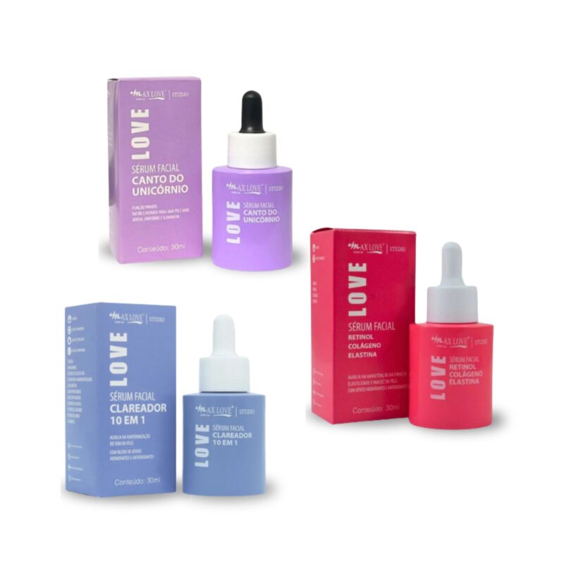 Serum facial Max Love nas versões Clareador, Canto do Unicórnio e Retinol Colágeno com ativos como niacinamida, ácido hialurônico, rosa mosqueta e elastina que hidratam, uniformizam o tom da pele, reduzem linhas finas e preparam a pele para maquiagem