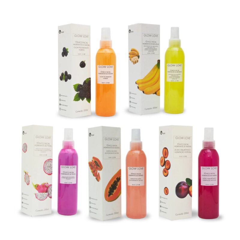 tonico facial Max Love em várias versões com ativos como ácido hialurônico, aloe vera, niacinamida e vitamina E que hidratam, revitalizam e preparam a pele para os cuidados diários